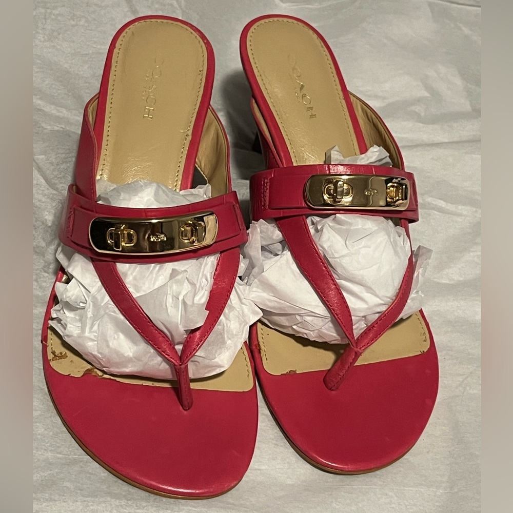 Excellent pre-love condition, coach sandals, pink and gold embellishments size 8
